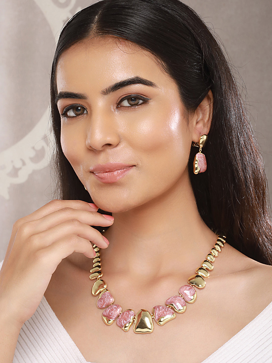 Anti-Tarnish Gold Plated Pink Enamelled Minimal Luxe Jewellery Set